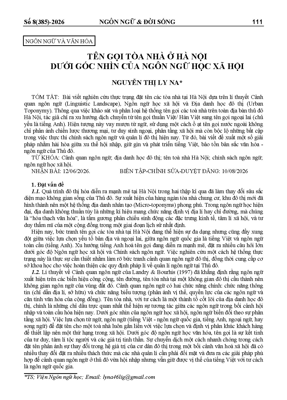 TÊN GỌI TÒA NHÀ Ở HÀ NỘI DƯỚI GÓC NHÌN CỦA NGÔN NGỮ HỌC XÃ HỘI