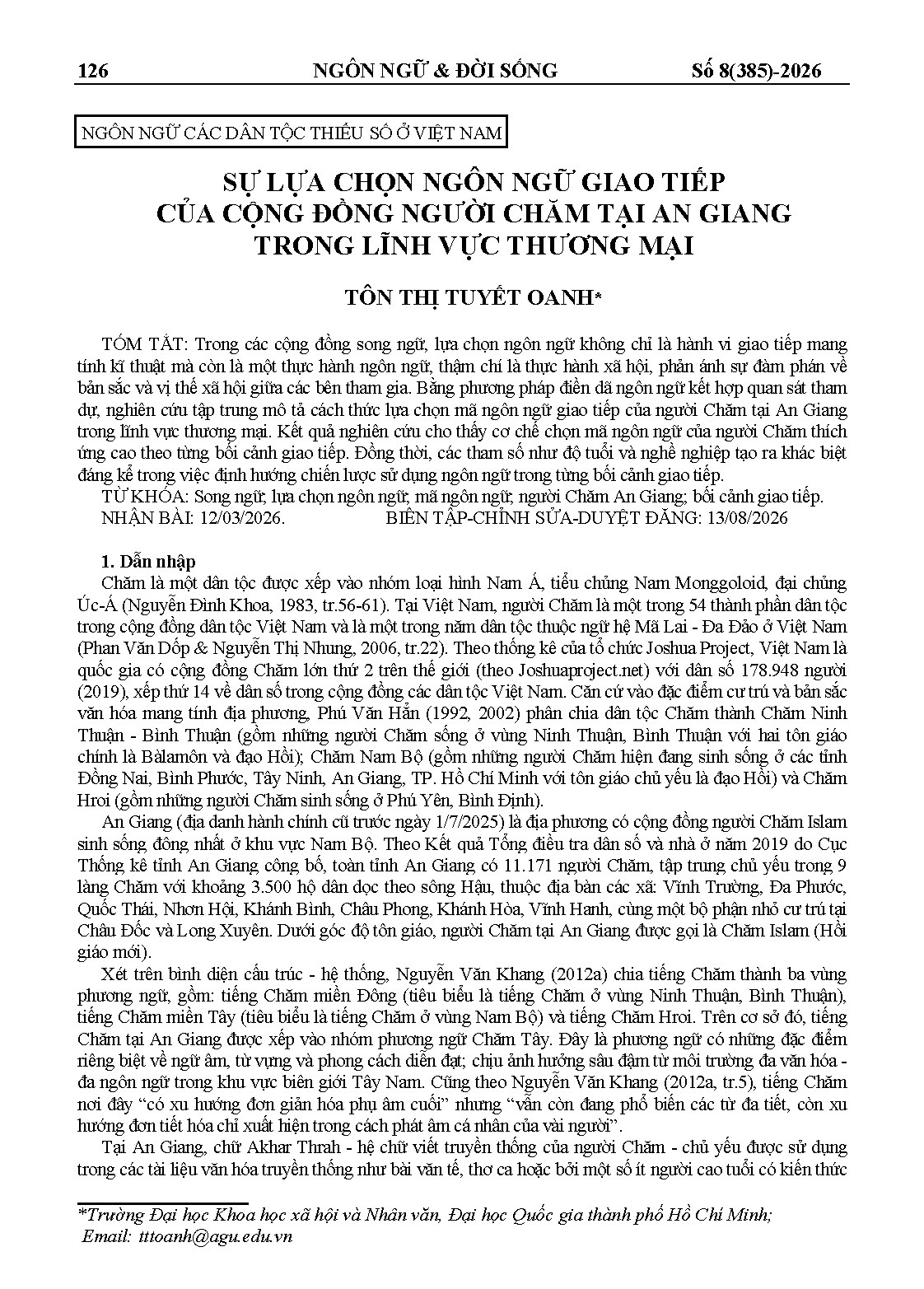 SỰ LỰA CHỌN NGÔN NGỮ GIAO TIẾP CỦA CỘNG ĐỒNG NGƯỜI CHĂM TẠI AN GIANGTRONG LĨNH VỰC THƯƠNG MẠI