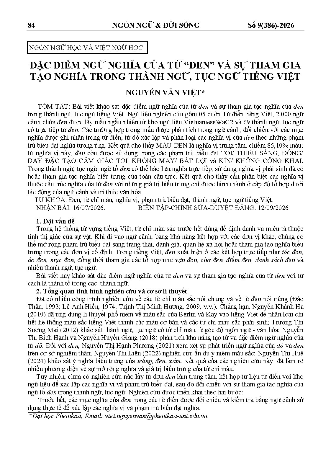 ĐẶC ĐIỂM NGỮ NGHĨA CỦA TỪ “ĐEN” VÀ SỰ THAM GIA TẠO NGHĨA TRONG THÀNH NGỮ, TỤC NGỮ TIẾNG VIỆT