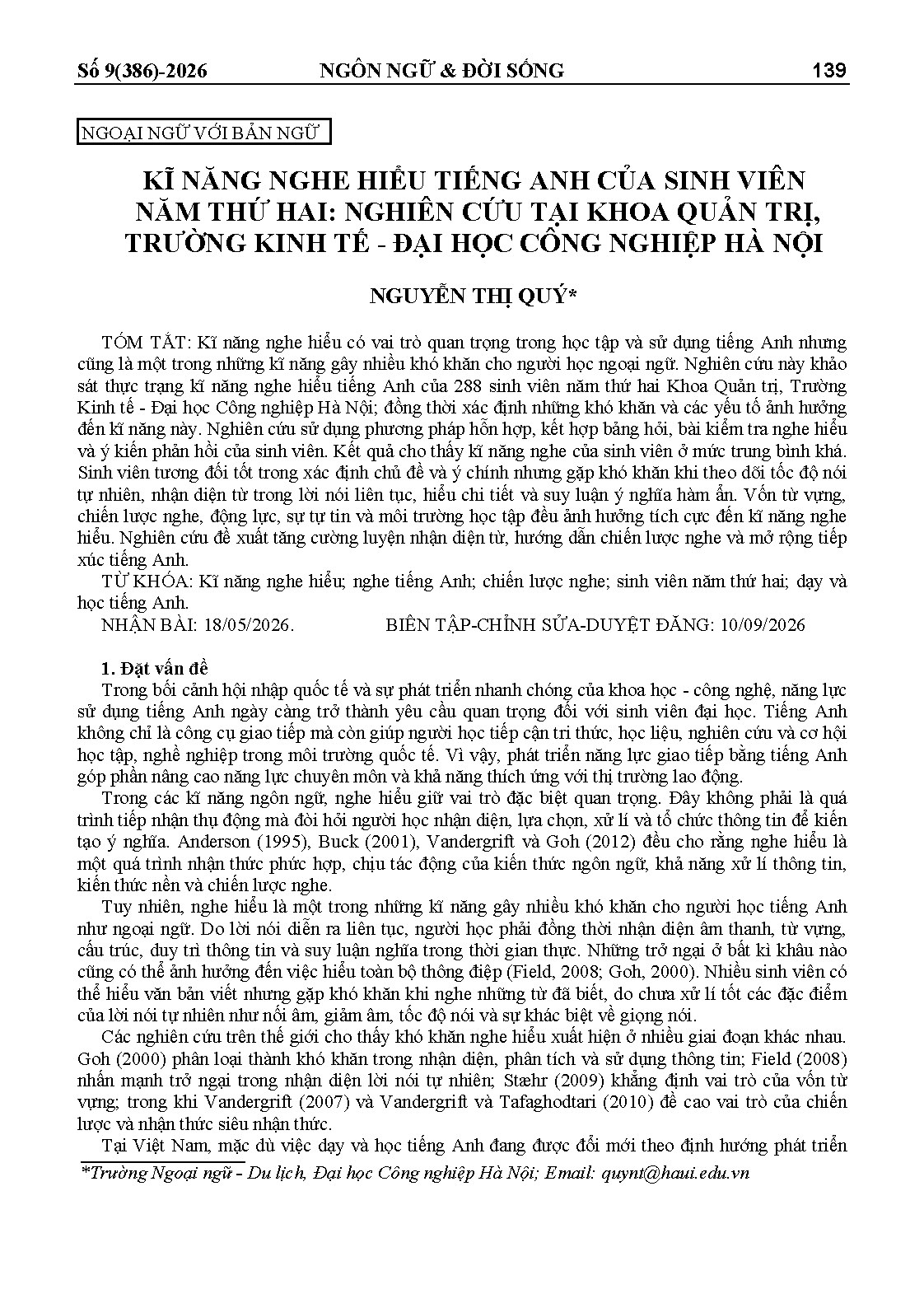 KĨ NĂNG NGHE HIỂU TIẾNG ANH CỦA SINH VIÊN NĂM THỨ HAI: NGHIÊN CỨU TẠI KHOA QUẢN TRỊ, TRƯỜNG KINH TẾ - ĐẠI HỌC CÔNG NGHIỆP HÀ NỘI