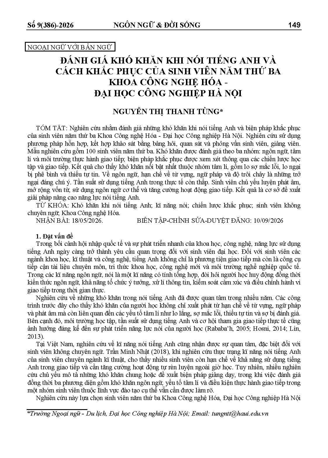 ĐÁNH GIÁ KHÓ KHĂN KHI NÓI TIẾNG ANH VÀ CÁCH KHẮC PHỤC CỦA SINH VIÊN NĂM THỨ BA KHOA CÔNG NGHỆ HÓA - ĐẠI HỌC CÔNG NGHIỆP HÀ NỘI