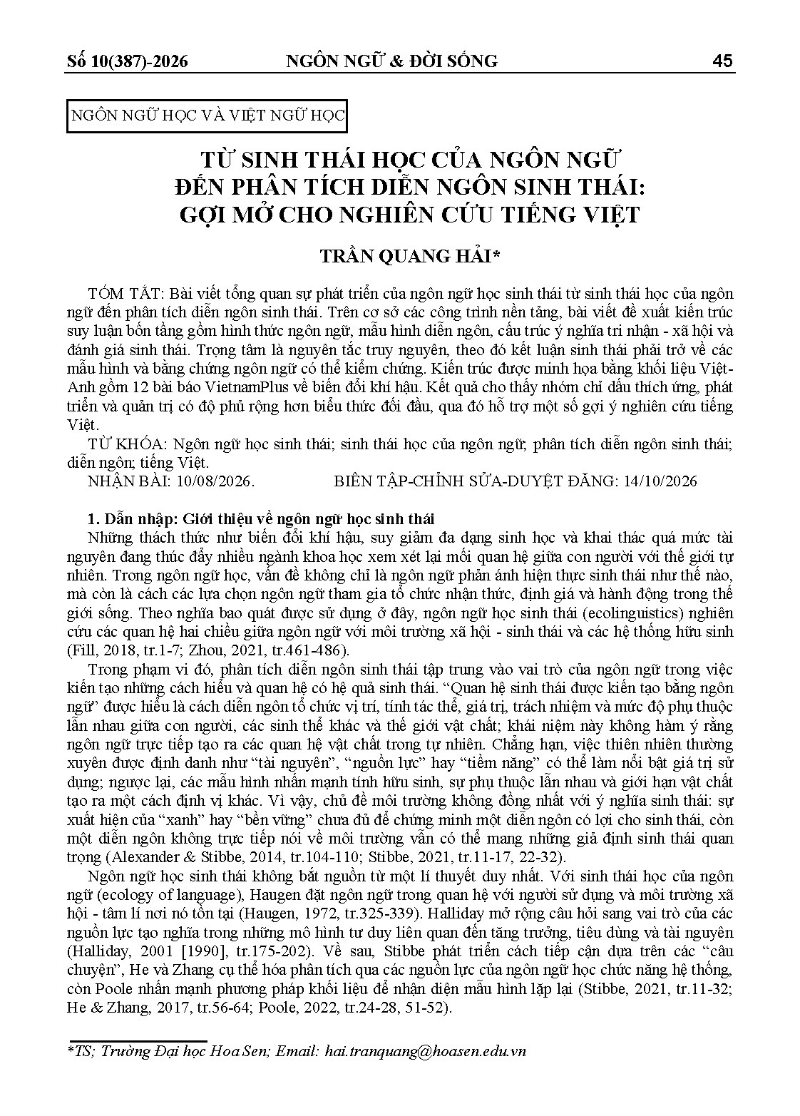 TỪ SINH THÁI HỌC CỦA NGÔN NGỮ ĐẾN PHÂN TÍCH DIỄN NGÔN SINH THÁI: GỢI MỞ CHO NGHIÊN CỨU TIẾNG VIỆT