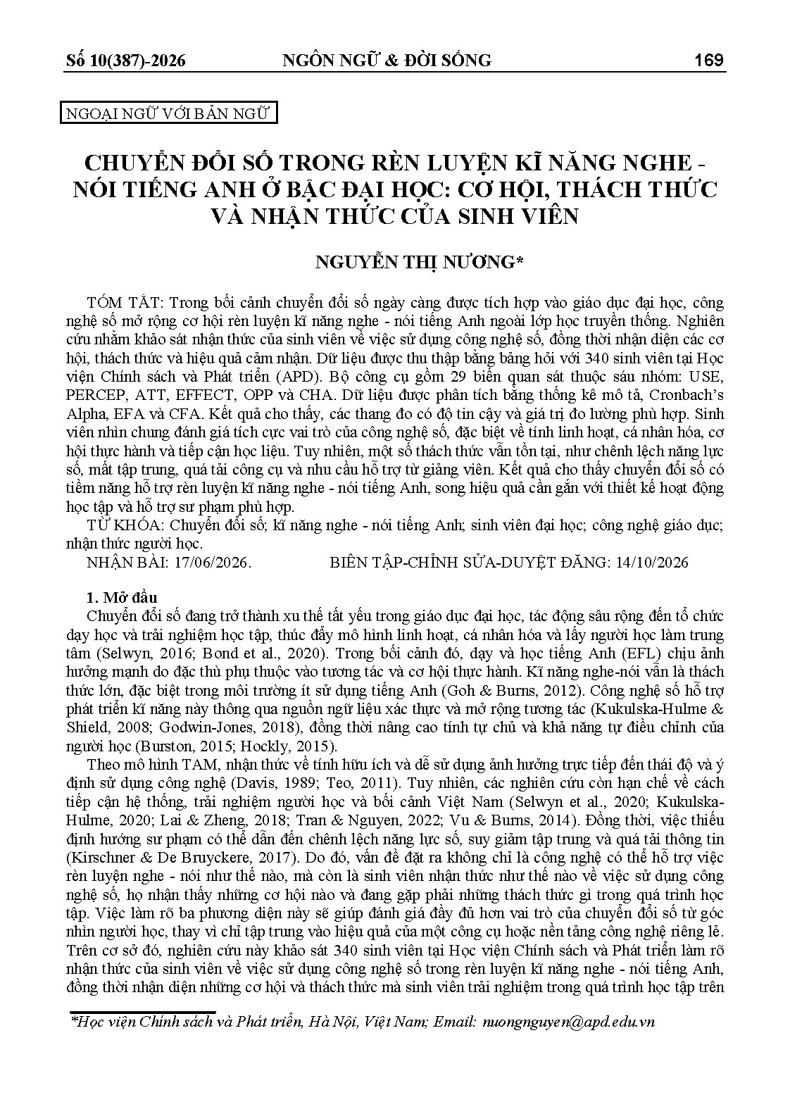 CHUYỂN ĐỔI SỐ TRONG RÈN LUYỆN KĨ NĂNG NGHE -NÓI TIẾNG ANH Ở BẬC ĐẠI HỌC: CƠ HỘI, THÁCH THỨCVÀ NHẬN THỨC CỦA SINH VIÊN